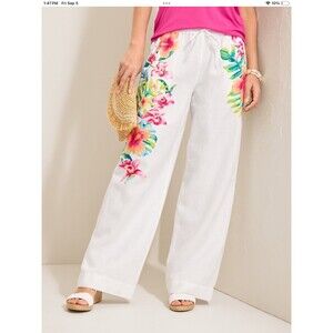 TOMMY BAHAMA White Tropical-Flore Two Palms Linen  Wide Leg Beach Pants XS